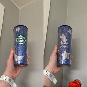 Disneyland Starbucks Tumbler Blue Sorcerer Mickey Moon & Stars Glitter 24oz FLAW